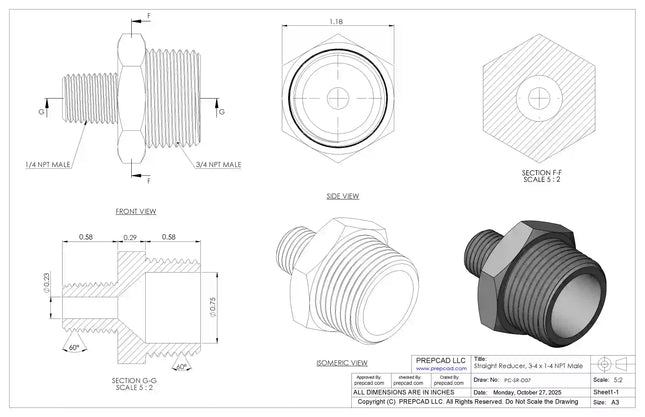 Straight Reducer 3/4″ x 1/4″ NPT Male – 3D CAD Model Download (STEP, IGES, STL, DWG, DXF)