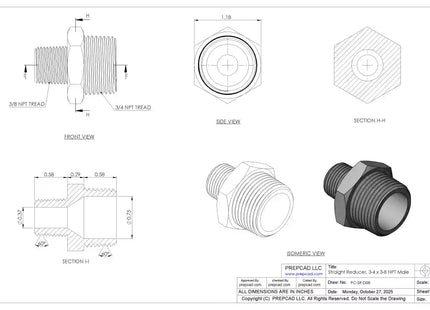 Straight Reducer 3/4″ x 3/8″ NPT Male – 3D CAD Model Download (STEP, IGES, STL, DWG, DXF)