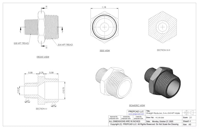 Straight Reducer 3/4″ x 3/8″ NPT Male – 3D CAD Model Download (STEP, IGES, STL, DWG, DXF)