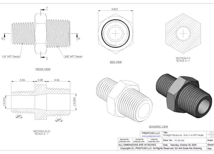Straight Reducer 3/8″ x 1/4″ NPT Male – 3D CAD Model Download (STEP, IGES, STL, DWG, DXF)