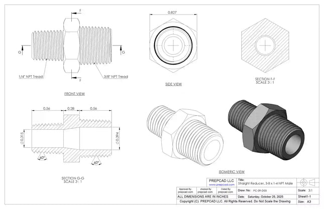 Straight Reducer 3/8″ x 1/4″ NPT Male – 3D CAD Model Download (STEP, IGES, STL, DWG, DXF)