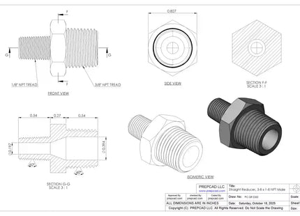 Straight Reducer 3/8″ x 1/8″ NPT Male – 3D CAD Model Download (STEP, IGES, STL, DWG, DXF)