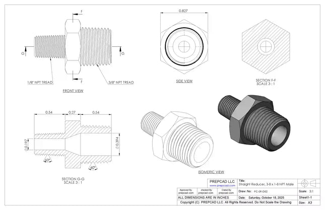 Straight Reducer 3/8″ x 1/8″ NPT Male – 3D CAD Model Download (STEP, IGES, STL, DWG, DXF)