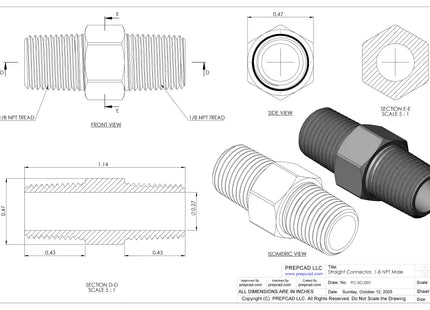 1/8" NPT Male Straight Connector –3D CAD Model (STEP, STL, IGES, DWG, DXF)