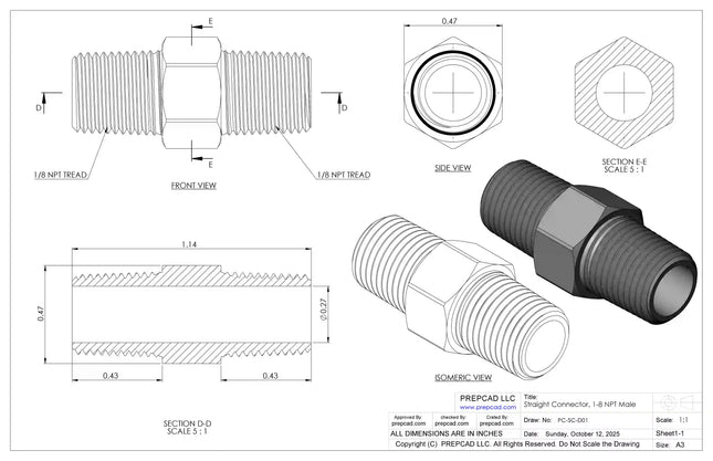 1/8" NPT Male Straight Connector –3D CAD Model (STEP, STL, IGES, DWG, DXF)