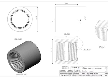 1" NPT Female Straight Connector | Download 3D Files (STEP, STL, IGES, DWG)