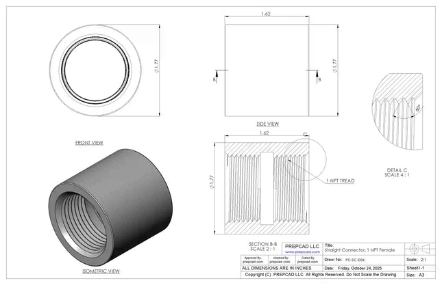 1" NPT Female Straight Connector | Download 3D Files (STEP, STL, IGES, DWG)