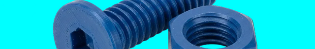 Blue 3D-printed flat head screw and nut